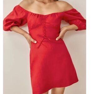 Linen Red Off-Shoulder Dress